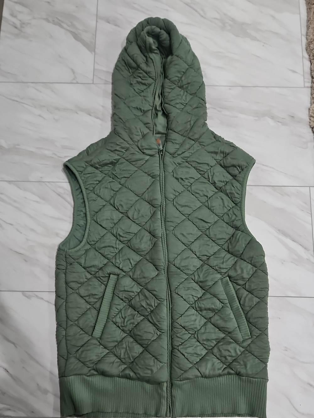 Long Quilted Hooded Vest - Olive Green